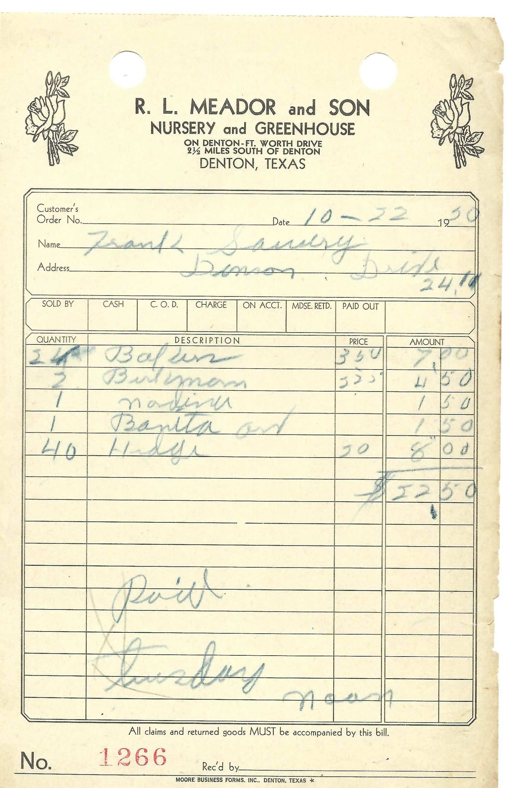 Original Meador Nursery INvoice 50s